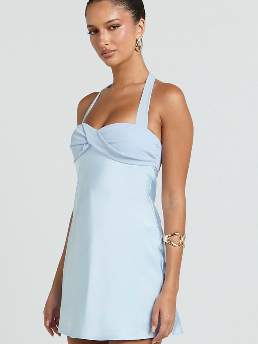 Showpo FLYNN MINI DRESS
Satin Halter Sweetheart Neck
Dress in Blue. NWT